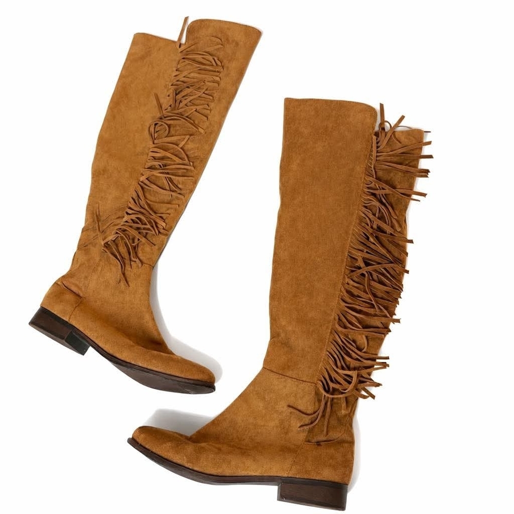 Fringe Knee-High Boots in Tan Suede